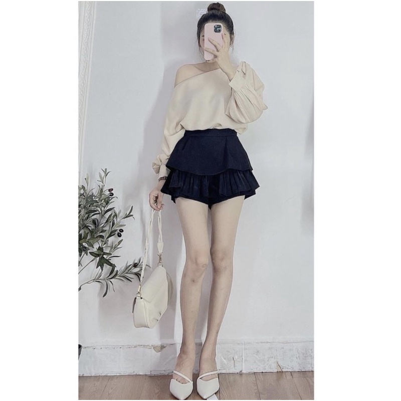 Áo sơ mi lệch vai tay bo nữ tính áo công sở nữ