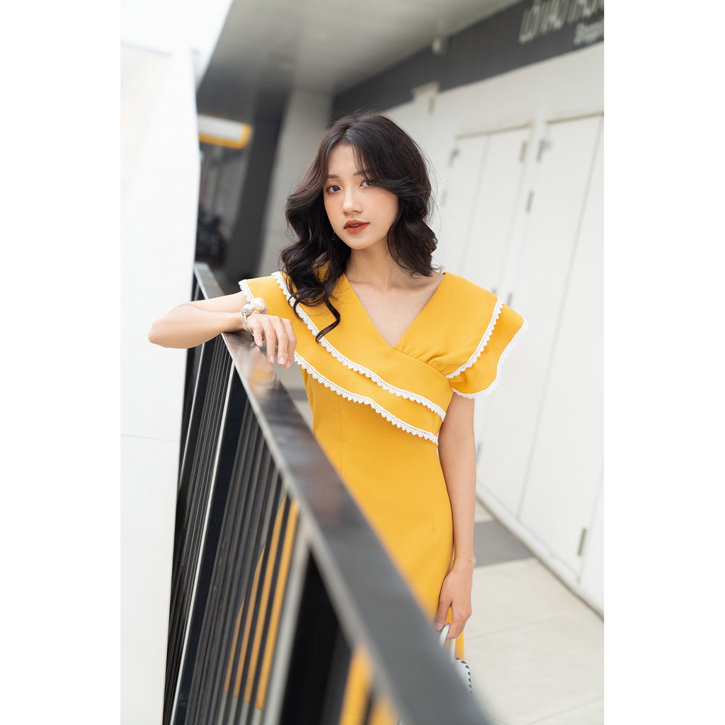 Đầm xòe ngắn tay cổ 2 lớp viền ren 20AGAIN DEW0559 | BigBuy360 - bigbuy360.vn