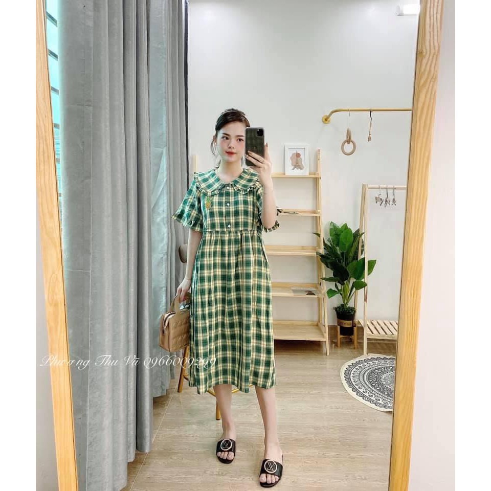 Váy baby doll cổ bẻ váy hai dây kẻ caro xanh baby doll trái dứa siêu xinh dễ thương thời trang nữ váy công chúa đầm cute | BigBuy360 - bigbuy360.vn