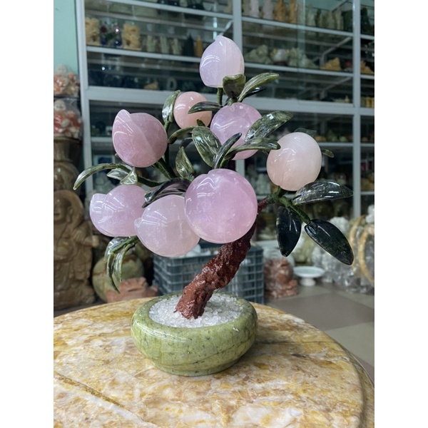 Cây Đào 9 Quả Tài lộc Thịnh Vượng Đá Thạch Anh Hồng - cao 28cm