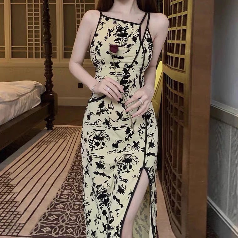 Đầm sườn xám hai dây họa tiết hoa thời trang mùa hè cho nữ