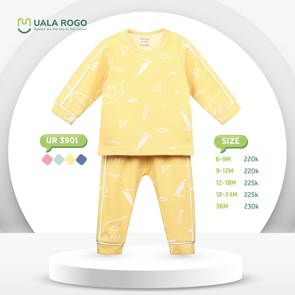 Bộ thu đông cho bé Uala rogo 6 tháng -3 tuổi cotton giữ ấm cổ tròn họa tiết dễ thương UR3901