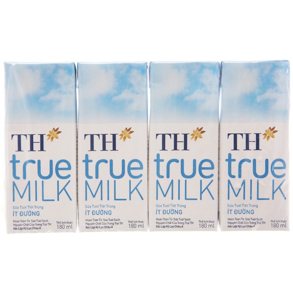 Lốc 4 hộp sữa TH True milk có đường/ ít đường/ không đường/ dâu/ socola 180ml