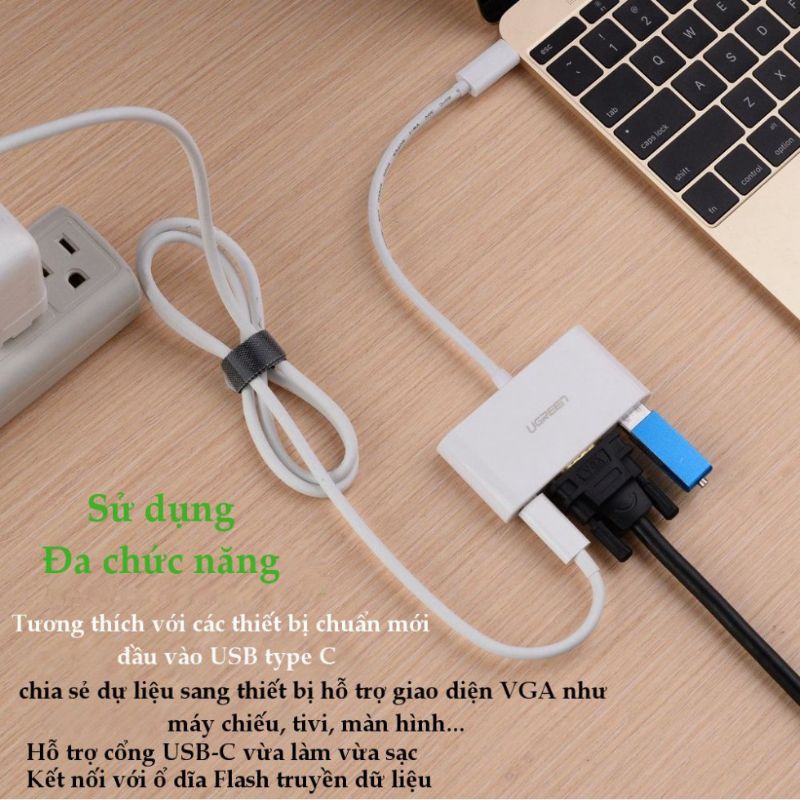 Cáp chuyển đổi USB Type-C sang VGA + USB 3.0 + USB Type-C cao cấp Ugreen 30376 - Hàng Chính Hãng