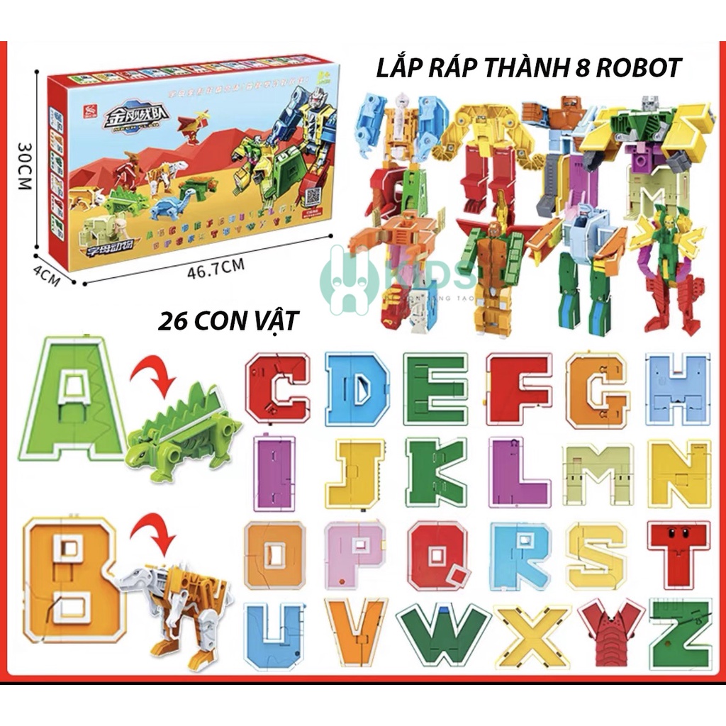Đồ chơi 26 chữ cái A-Z biến hình thành động vật, lắp ghép robot thông minh trí tuệ cho bé trai, bé gái