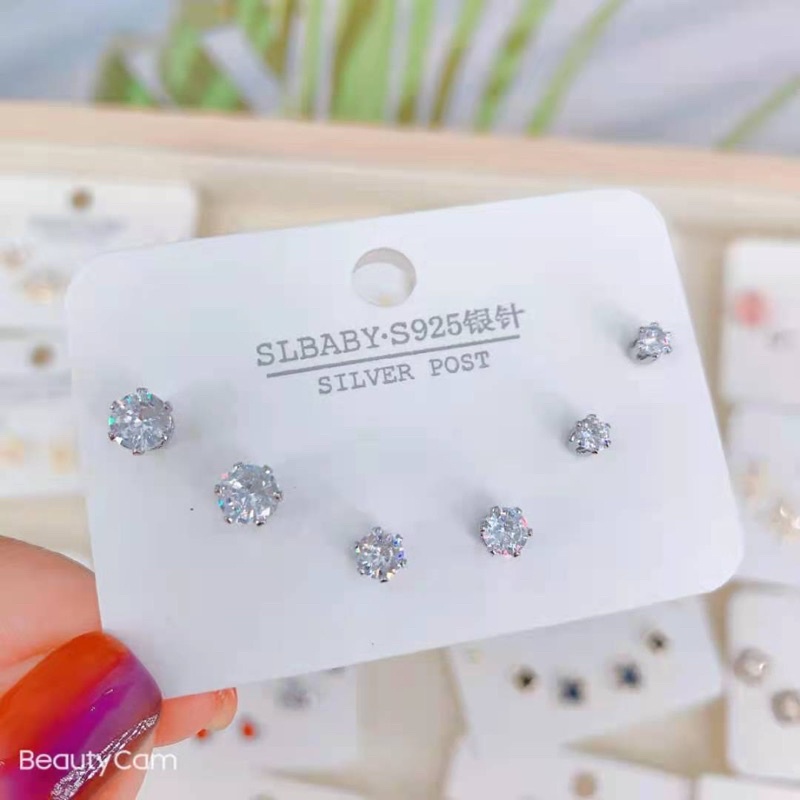 Set 3 đôi Khuyên tai nụ bạc 925 đính đá kiểu dáng lạ mắt độc đáo Phong cách Hàn Quốc