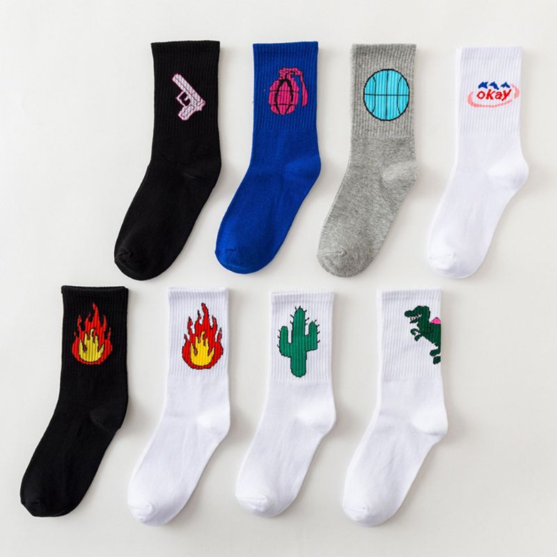 Xixi Vớ cotton Ulzzang họa tiết ngọn lửa cây xương rồng Trung Hoa Harajuku cho học sinh unisex