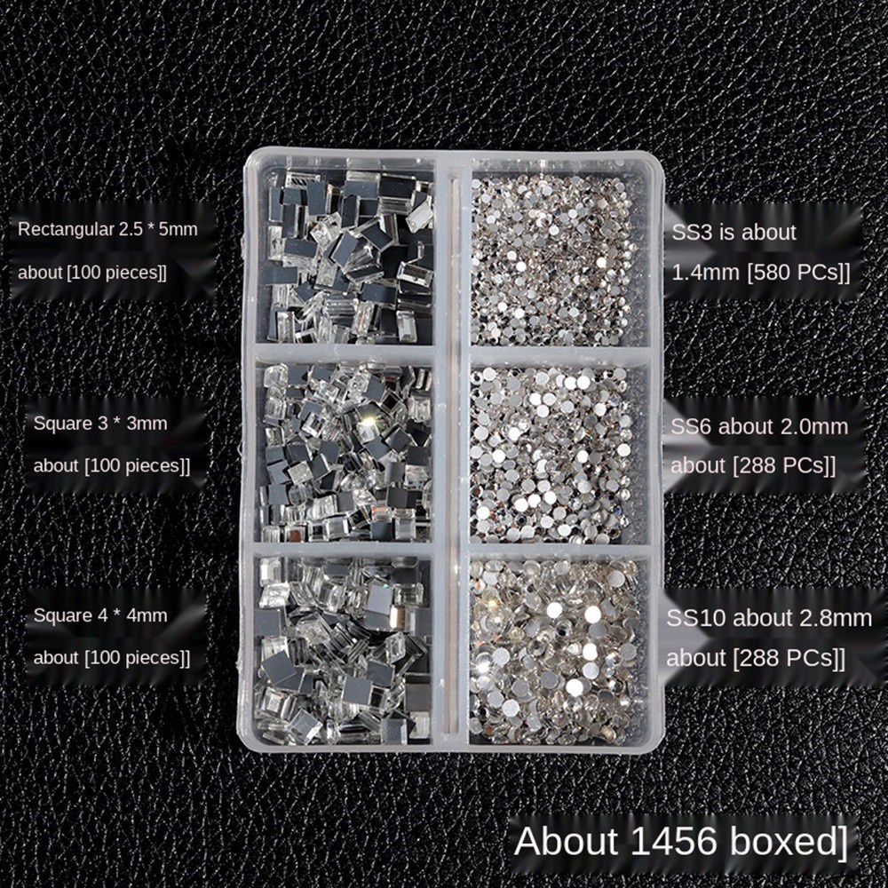 [Hàng mới về] Hộp 6 ngăn hạt đá tráng gương đáy phẳng nhiều cỡ hỗn hợp dùng cho trang trí móng tay nữ