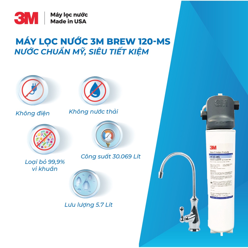 Máy Lọc Nước 3M Brew120-MS Công Suất 34.069L Không Điện Kèm Vòi 3M