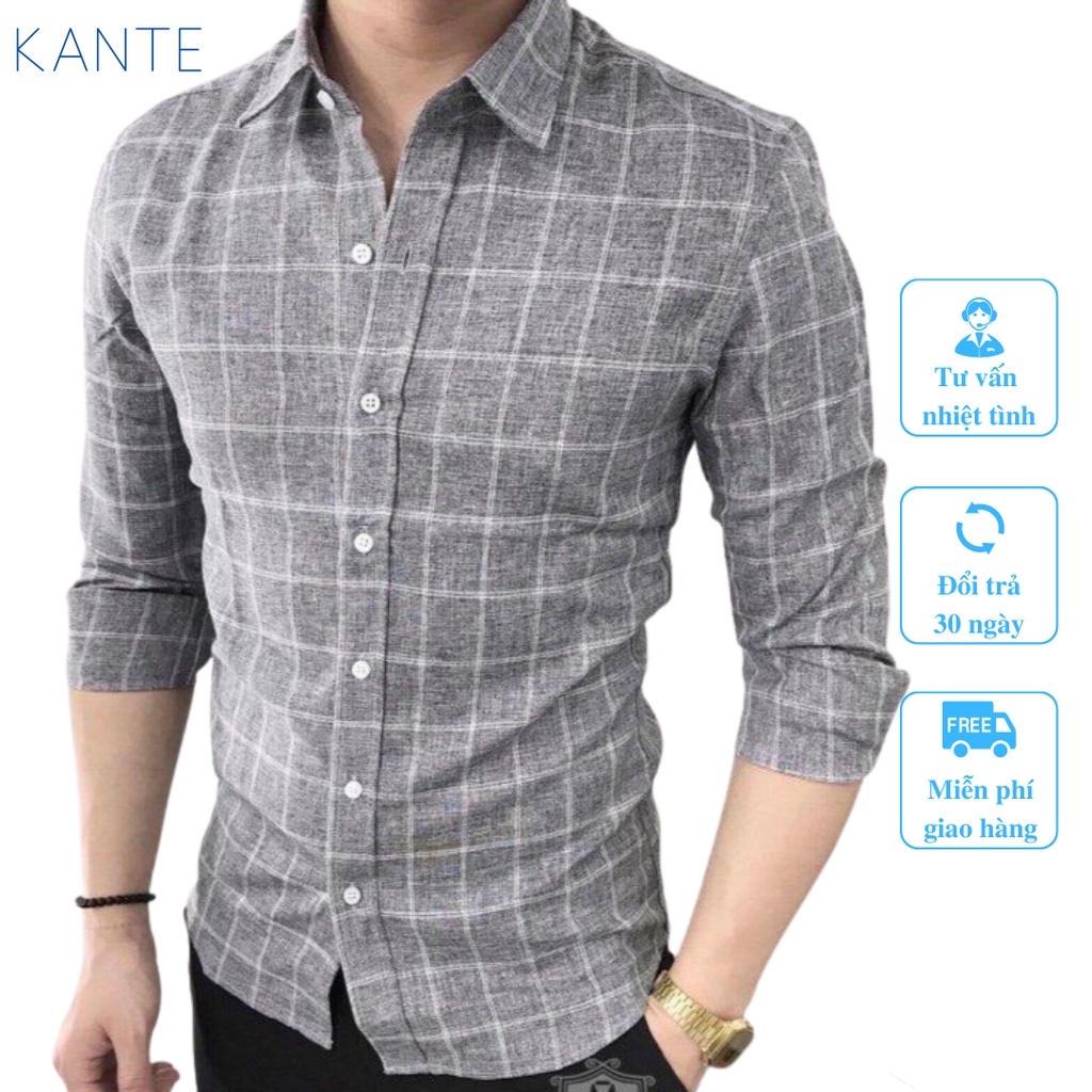 Áo sơ mi nam dài tay ghi xám kẻ caro Kante, thiết kế cổ bẻ, phong cách Hàn Quốc