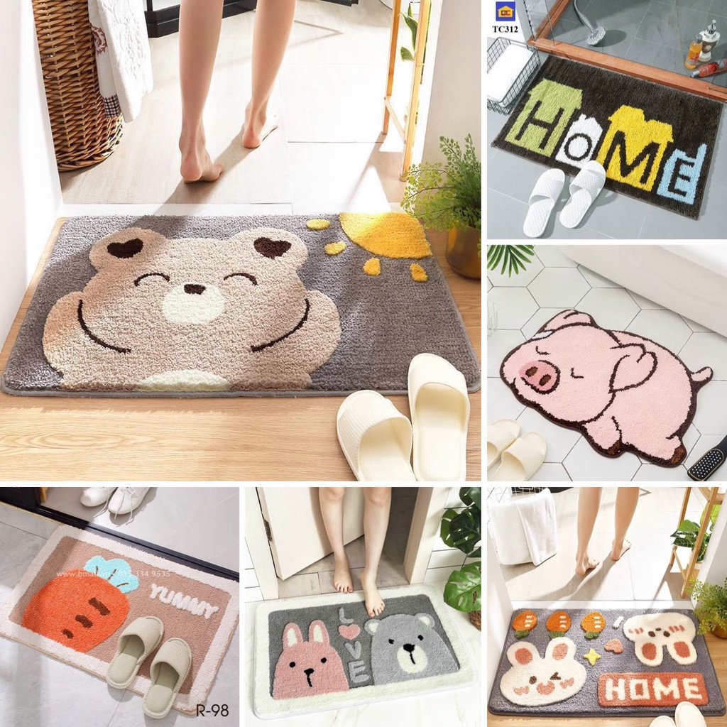 Thảm lau chân 3D hình thú, Thảm chùi chân lông cừu siêu xinh thấm hút nước tốt,mặt sau chống trơn trượt -> kt 40x60cm