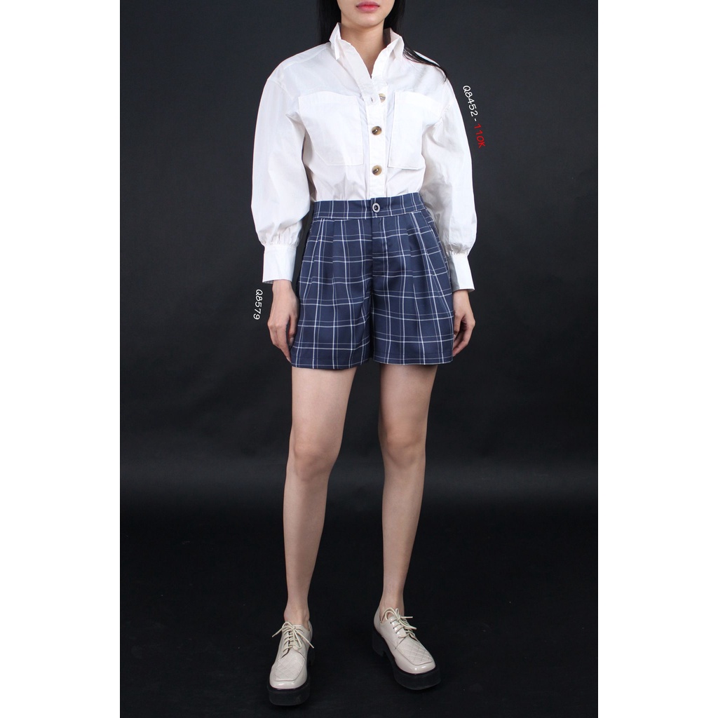 Q8452 - Áo sơ mi xuất Hàn 2 túi trước thun eo xẻ lai