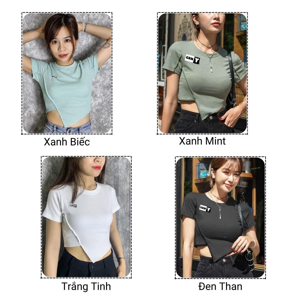 Áo croptop nữ ngắn tay bất đối xứng GenY - Áo kiểu nữ chất thun gân chéo tà tôn eo siêu xinh | BigBuy360 - bigbuy360.vn