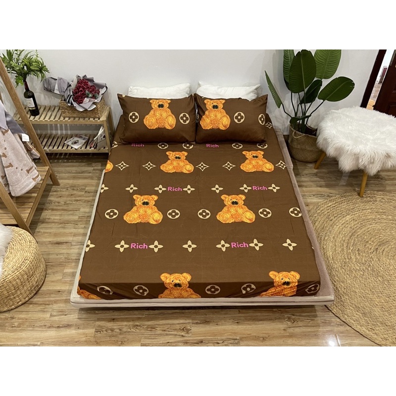 Bộ Ga Gối Gấu Nâu Cotton poly 3D thun mát hình dễ thương đủ kích thước ga bo chun có vỏ gối