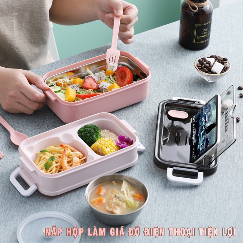 HOP3 - Hộp cơm văn phòng kèm bát canh LUNCH BOX hai tầng có đũa thìa tiện lợi nhựa an toàn giữ nhiệt tốt