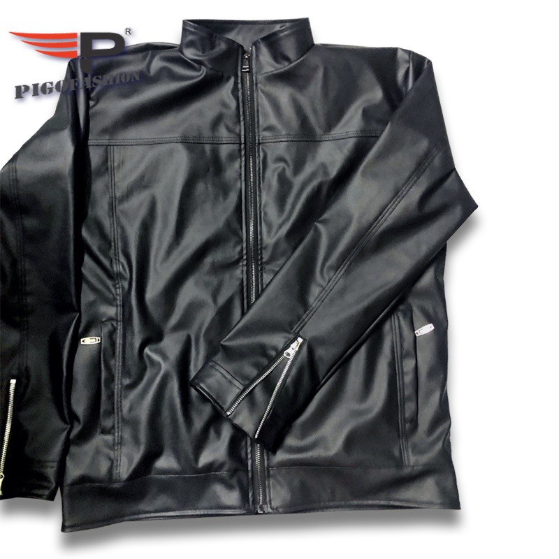 Áo khoác da nam lót lông leather jacket Pigofashion ADN09 có túi hai bên, tay phối khóa kéo