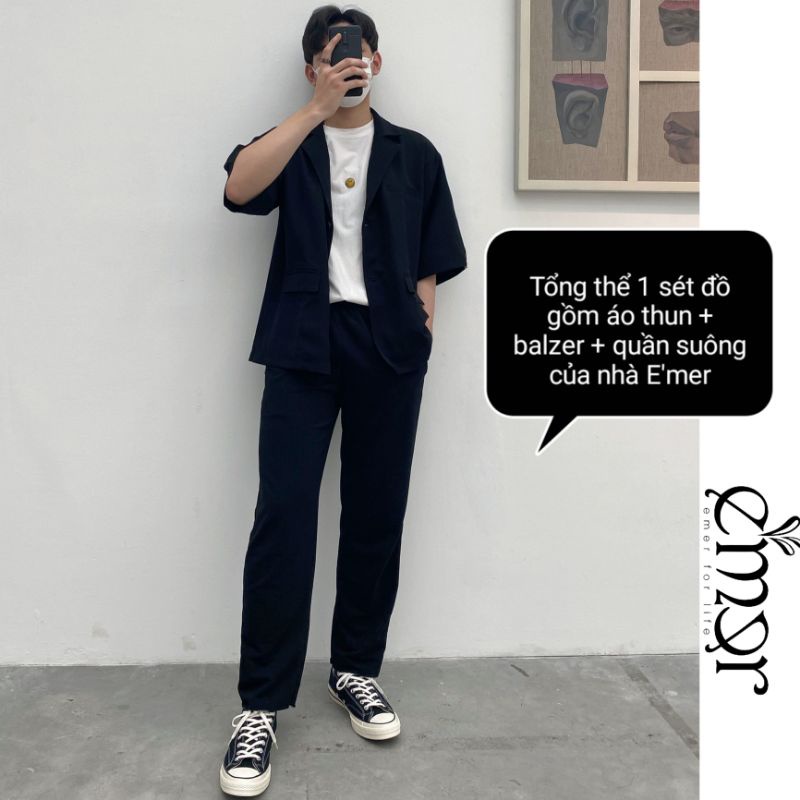 Áo Blazer Cộc Tay Nam Nữ Dáng Dài , Áo Khoác Vest Nam Nữ Dáng Suông Basic 2 Khuy Cài Thời Trang Hàn Quốc E'mer