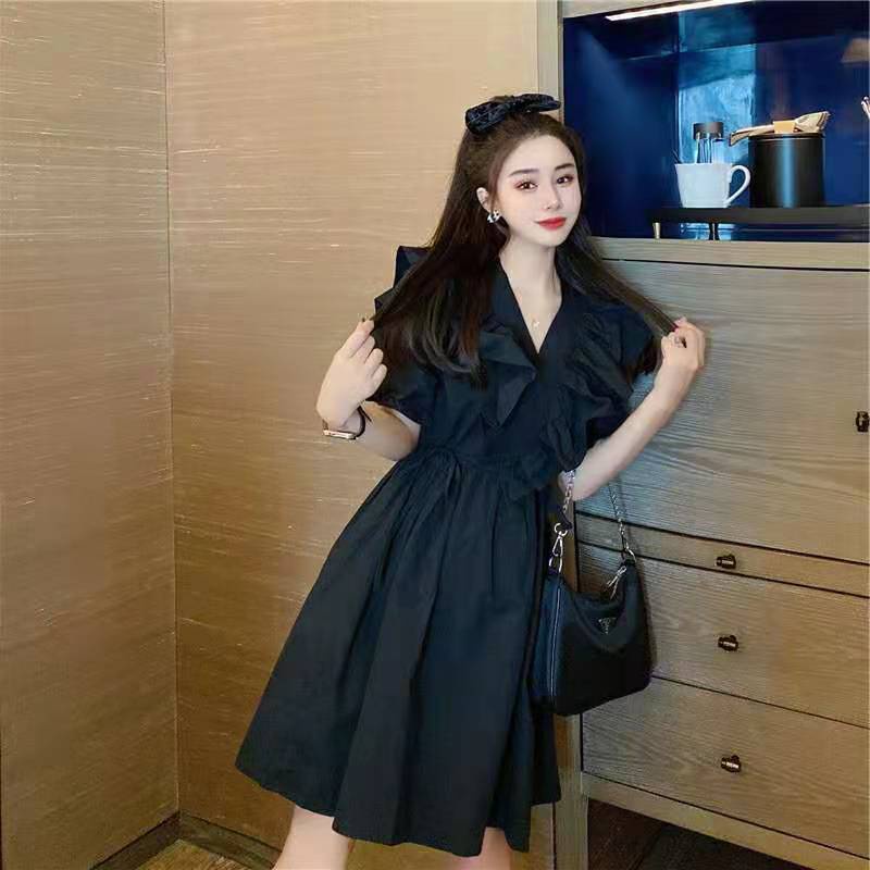 Đầm tay phồng dáng chữ A màu đen phong cách Pháp thời trang năng động trẻ trung