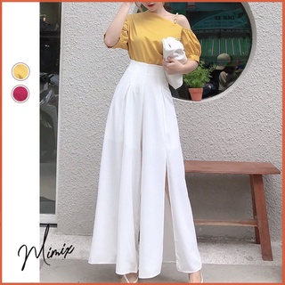 Set bộ rời MIMIX áo lệch vai tay phồng dây vai đính ngọc và quần ống rộng trơn xẻ chân BJ9195
