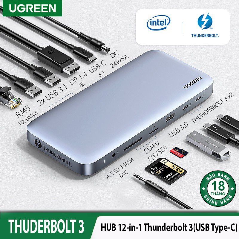 Bộ chuyển đổi THUNDERBOLT 3 (USB TYPE-C) UGREEN 80547 -HUB12 IN 1 (SUPPORT DP 8K@60HZ DC 24V 5A 120W)