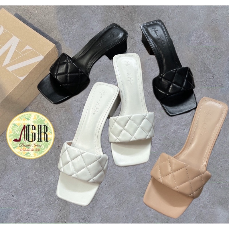 Guốc bản đan phồng x da mềm gót vuông 3 cm