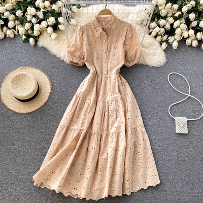 Váy cổ Polo chất thêu hoa rỗng siêu mát  010621