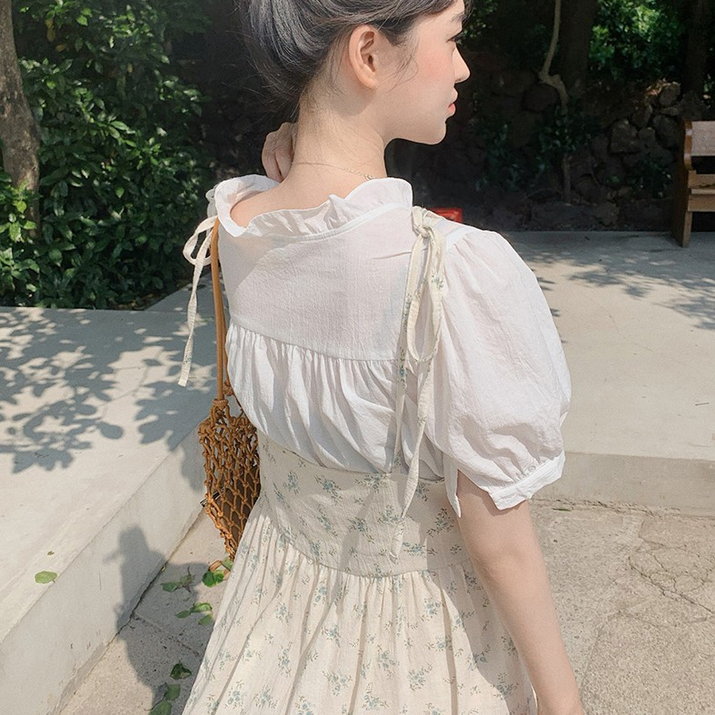 Áo sơ mi nữ bèo nhún màu trơn tay ngắn phong cách mới 43046