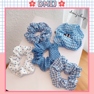 HoT Cột Tóc Vải Scrunchies Họa Tiết Xanh Thiên Thanh, Dây Buộc Tóc Scrunchies Mới