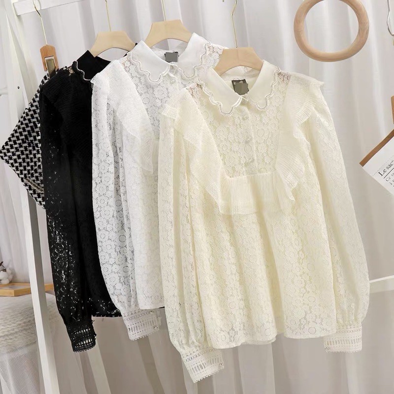 SẴN🎀 Áo ren kiểu tiểu thư cổ bèo viền ngọc bướm siêu xinh sang chảnh| Áo sơ mi cúc ngọc bèo cao cấp quý tộc kiểu Pháp
