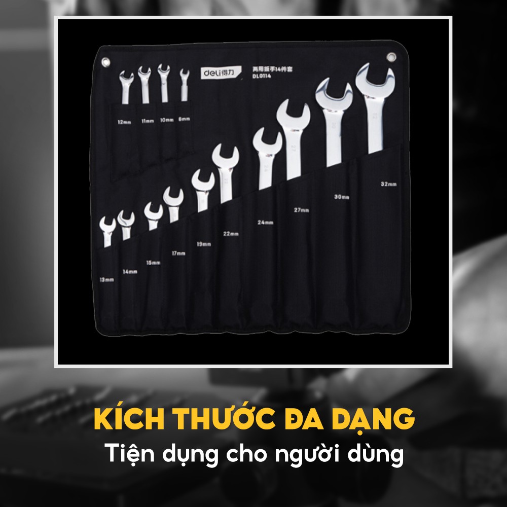 Bộ 14 Cây Cờ Lê Khóa Vòng Miệng Đầy Đủ Kích Thước 8mm đến 32mm Thép Cr-V Không Gỉ Deli DL0114 Nhập Khẩu Chính Hãng