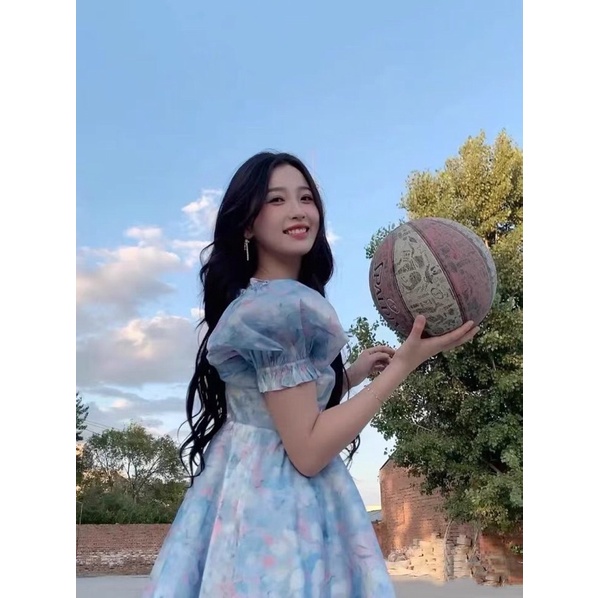 Đầm babydoll NGU THƯ HÂN màu xanh mơ mộng buộc váy tay phồng thắt eo cao