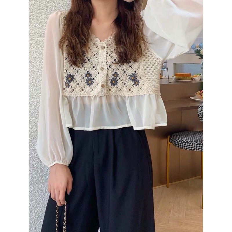 Áo babydoll thổ cẩm/ Áo babydoll hoạ tiết dài tay