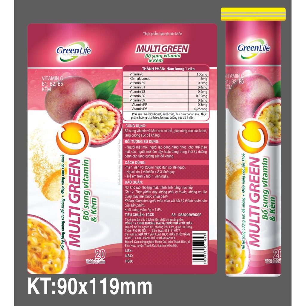 Viên Sủi MULTI GREEN vị Cam, vị Chanh Leo -  Bổ Sung Vitamin Và Khoáng Chất Cho Cơ Thể - Lọ 20 Viên