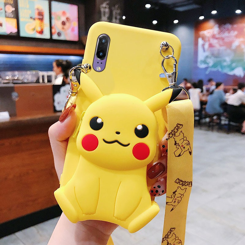 HUAWEI Honor 8X Honor 10 Honor 20 Honor 7X Honor 8 Honor 8Pro Honor 9 Honor view10 Honor 9lite Honor 7S 3D cartoon wallet Pikachu mobile phone case Cute Doraemon backpack mobile phone protective case Slash shoulder bag mobile phone anti dropping shell