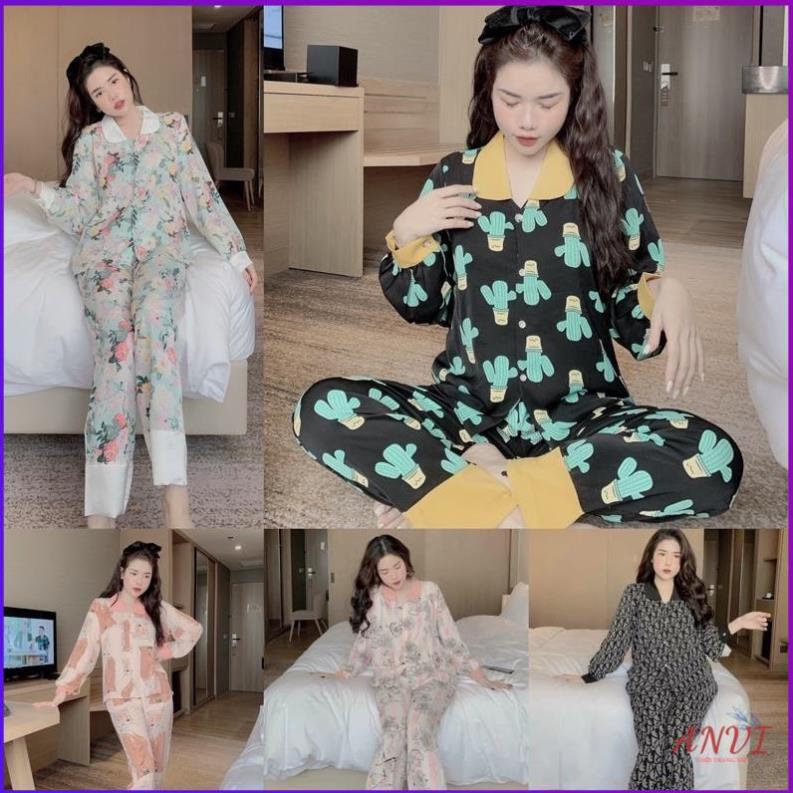 Pijama Nữ ANVI, Đồ Bộ Pijama Dài Tay Mặc Nhà Họa Tiết Cổ Sen Phối Màu Lụa Mềm Mát Dưới 60kg . | BigBuy360 - bigbuy360.vn