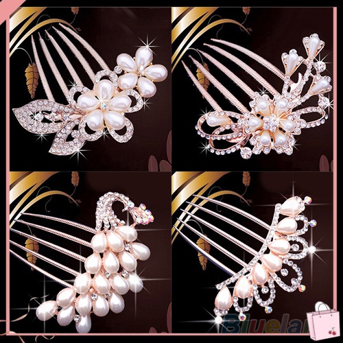 Lược Cài Tóc Hình Hoa / Chim Công Đính Ngọc Trai Giả Cho Cô Dâu