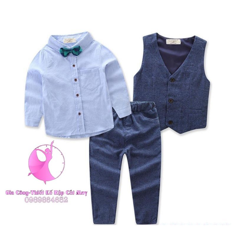 8703 Rập set bộ quần tây áo sơ mi và áo ghi lê cho bé trai