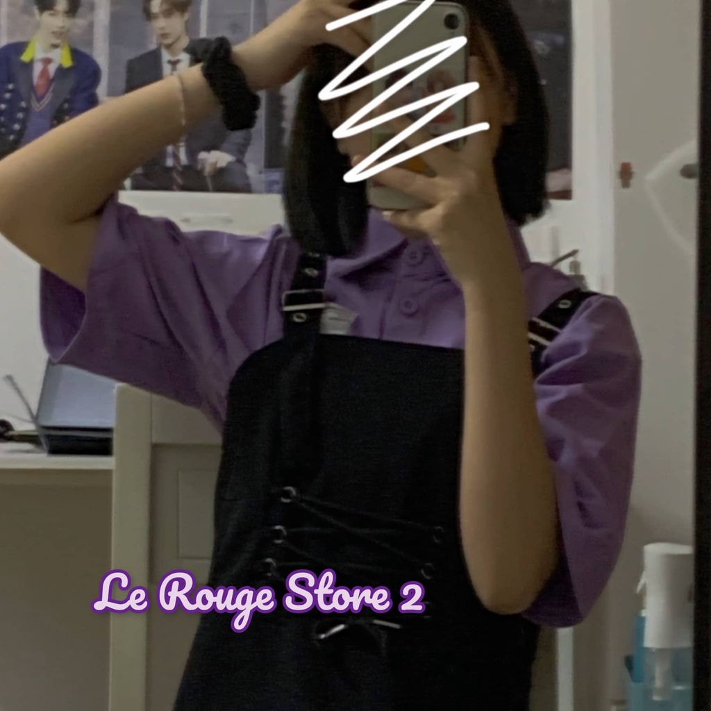 Set nữ thời trang gồm áo sơ mi tím dáng ngắn + váy yếm hai dây đen vạt chéo phong cách girl crush