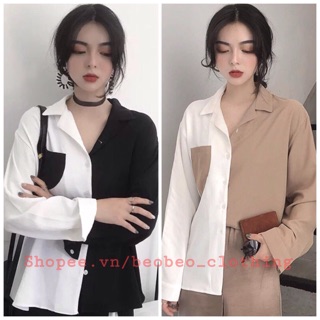 [Ảnh thật] Áo sơ mi phối 2 màu oversize ulzzang