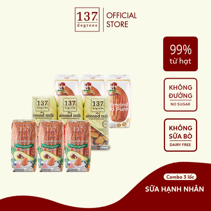 Combo 3 Lốc Sữa hạt hạnh nhân 137 DEGREES Mix Vị (9 hộp)