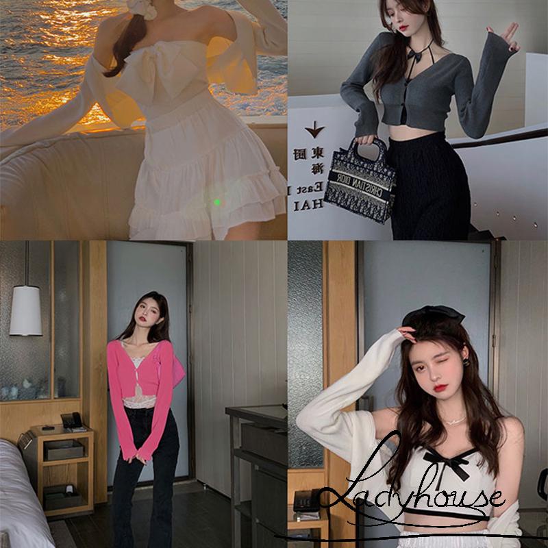 Áo croptop dệt kim tay dài cổ chữ V màu sắc đơn giản dành cho nữ