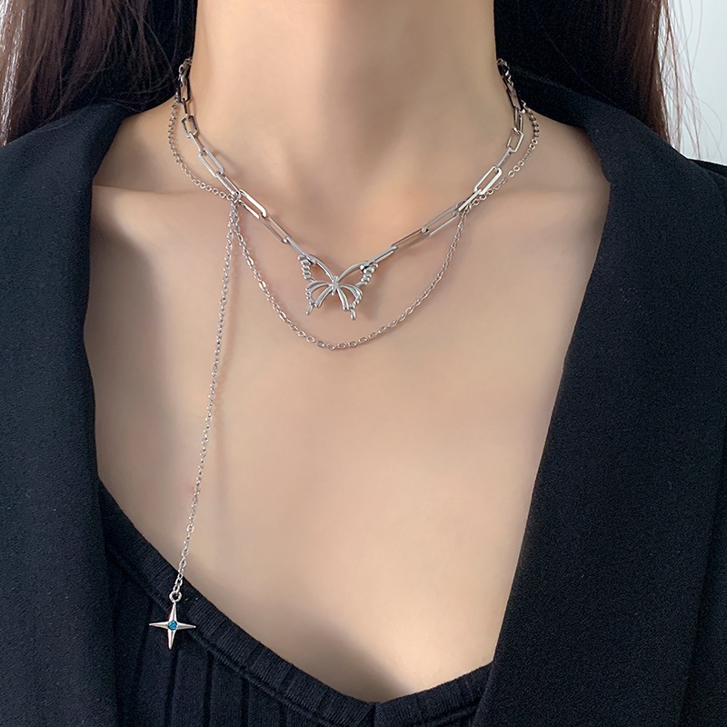 Vòng cổ Hai Lớp Bằng Thép Titan Mặt Hình Bướm Thời Trang Mùa Hè Mới Dành Cho Nữ