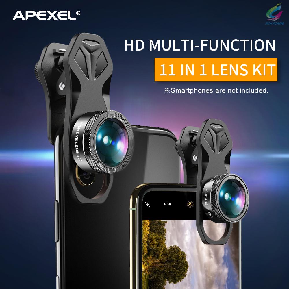 FY APEXEL APL-DG11 Universal Professional HD Phone Camera Lens Kit 11in1 Micro Lens 140° Wide Angle Lens 205° Fisheye Lens Kaleidoscope Lens Grad Color & Full Color Filters ND32 CPL Star Filters Compatible with Samsung and Other Smartphones