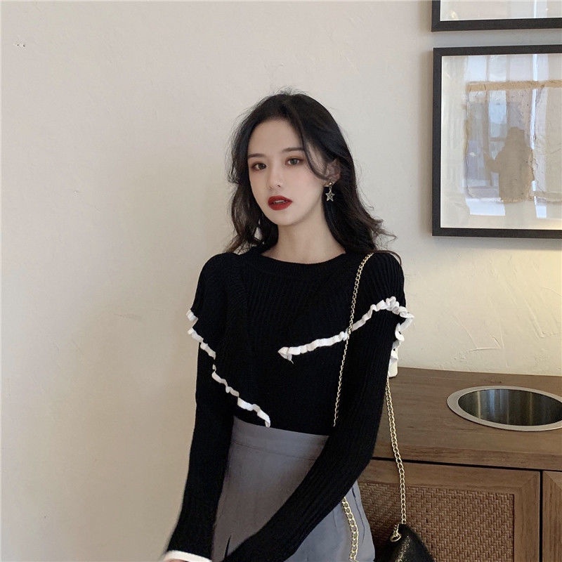 Áo crop top dệt kim tay dài cổ tròn màu trơn phong cách Hàn Quốc thời trang