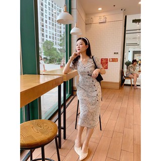 đầm hoa vạt chéo nhiều nút
