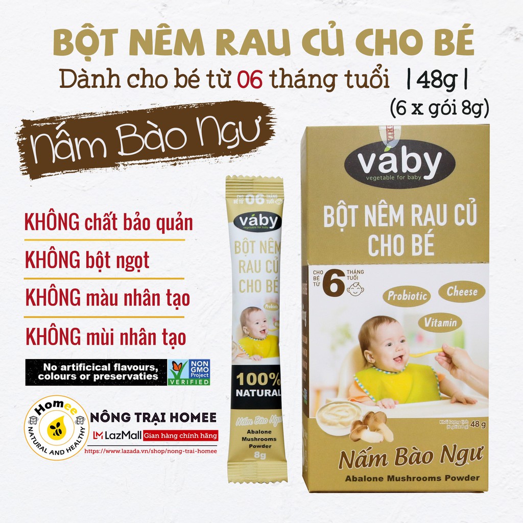 Bột nêm Nấm Bào Ngư &amp; Phô Mai dành cho bé ăn dặm VABY Hộp 48g (6 x gói 8g) - Gia vị nêm và rắc dành cho bé từ 6 tháng