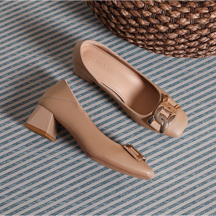 Giày Cao Gót Mũi Vuông Đế Dày Phối Khóa Kim Loại Phong Cách Hàn Quốc Size 32 33 34