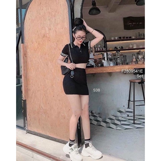 Set áo len tăm cổ đức mix chân váy len zip thể thao năng động