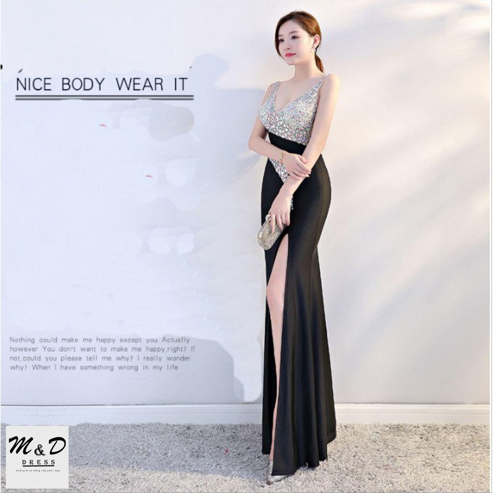 HÀNG CAO CẤP - Đầm dạ hội ôm body xẻ tà sexy, dự tiệc, sang trọng, thời trang và quyến rũ (đỏ bạc, đen bạc)- OSLP-12