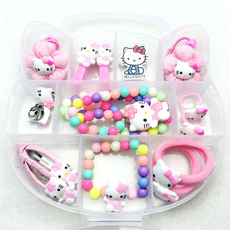 Bộ Kẹp Tóc + Vòng Tay + Dây Chuyền Hello Kitty Cho Bé Gái